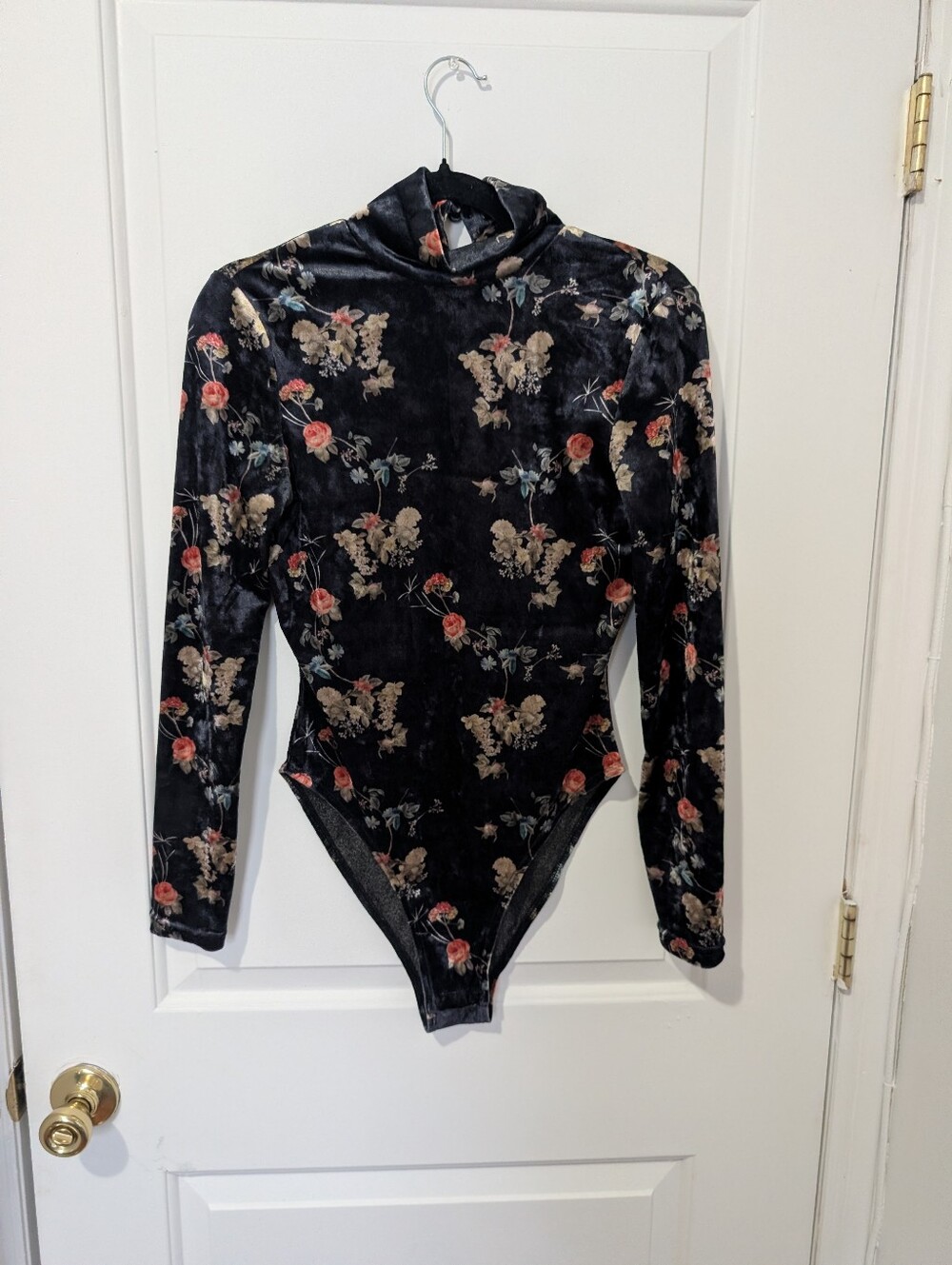 Black Velvet Floral Long Sleeve Bodysuit (Keyhole Back Of Neck)